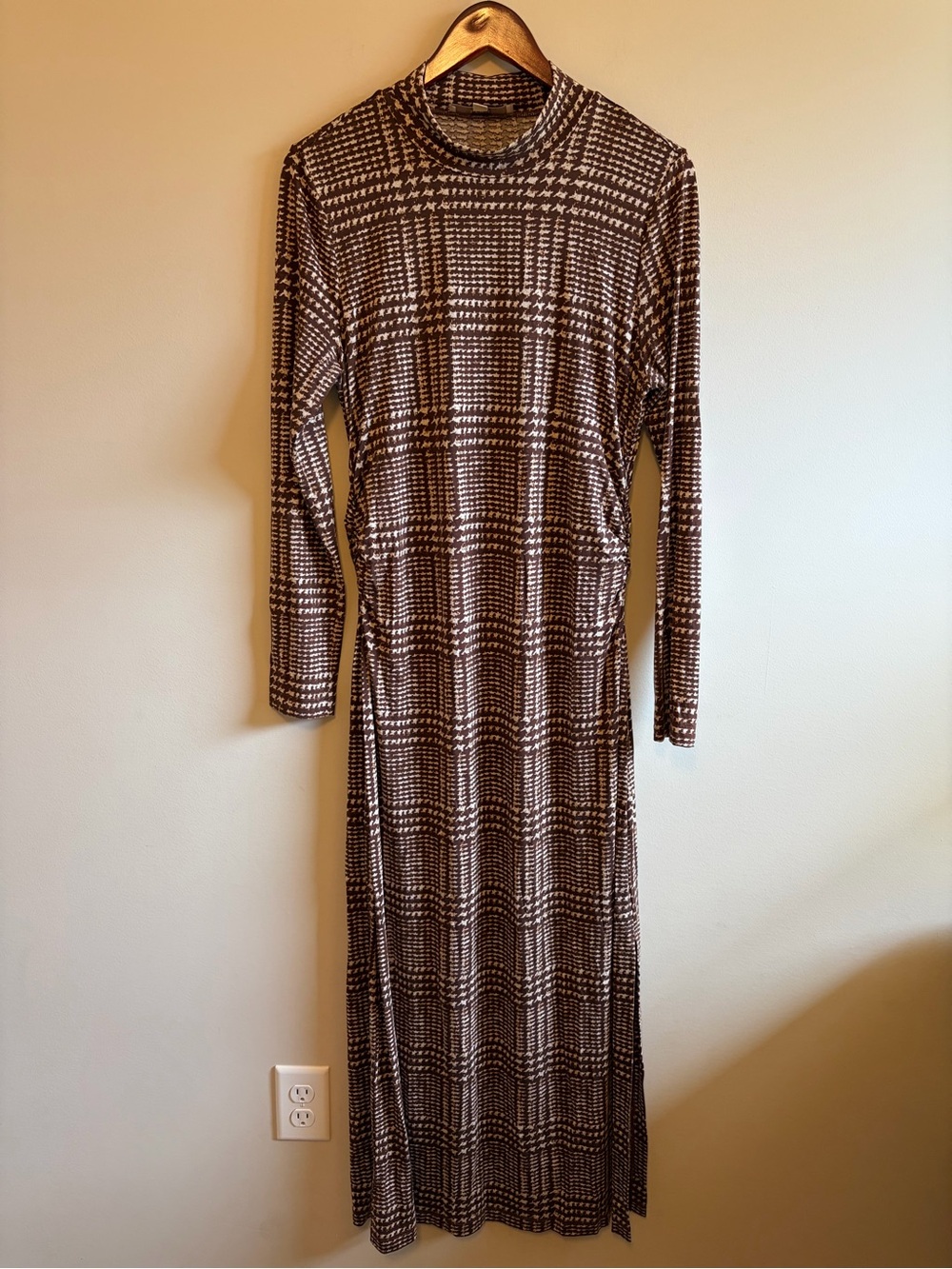 Loft Long Sleeve Plaid Maxi Dress in Brown and Cream